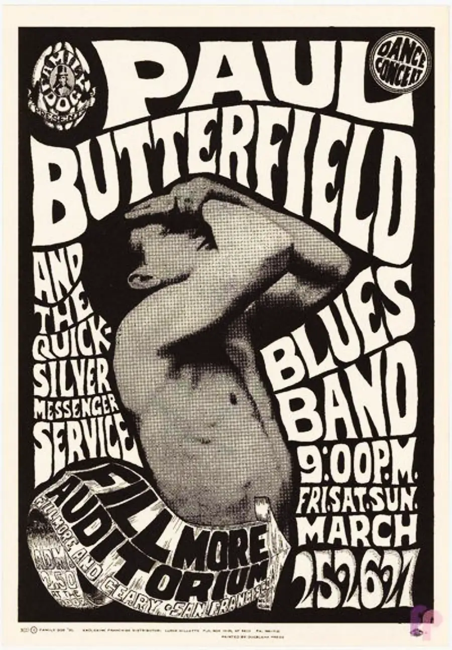 Psychedelic poster for Paul Butterfield Blues Band concert with stylized text and a black-and-white image of a person posing with an arm over their head, advertising a March 25-27 event at Fillmore Auditorium.