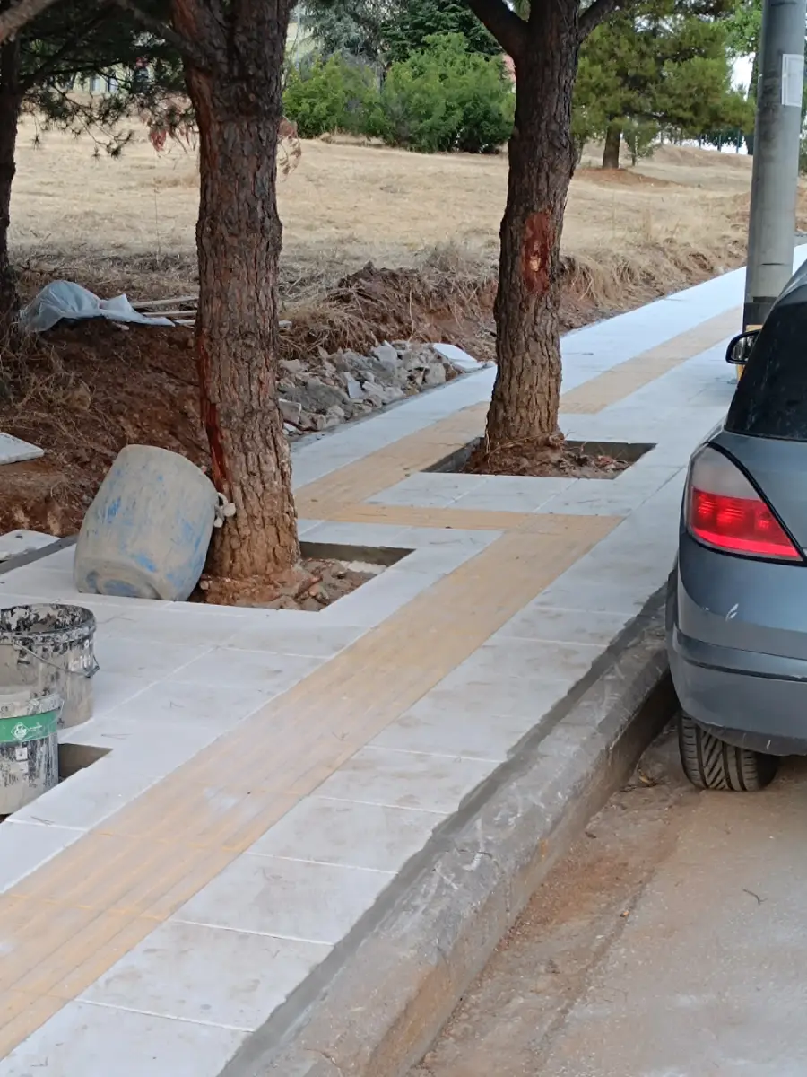 A newly built sidewalk with tactile paving curves around tree trunks. Construction materials sit nearby. A gray car is parked close to the sidewalk, next to the trees. The area beyond has dry grass and scattered trees.