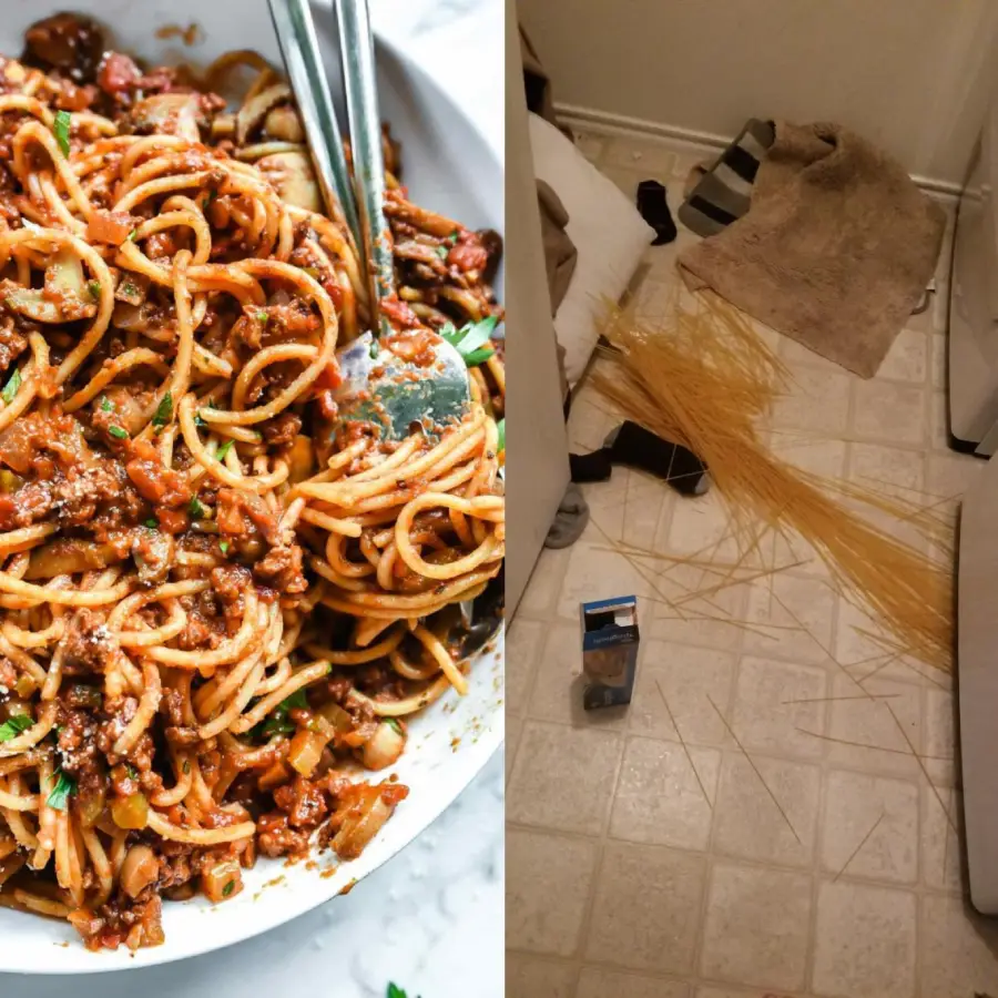 Left: A bowl of cooked spaghetti with meat sauce and herbs. Right: Uncooked spaghetti spilled on a tiled floor next to a towel, socks, and the empty box.