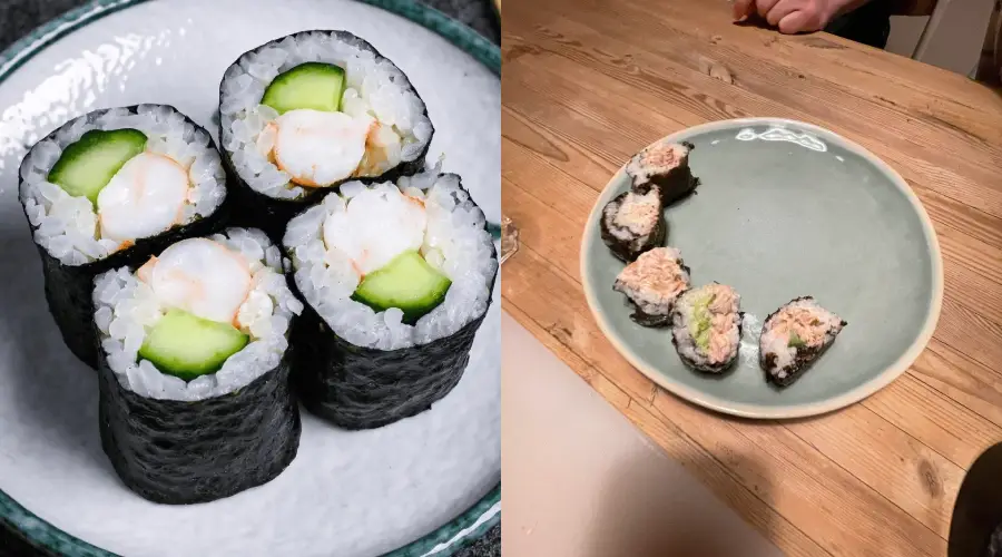 Left: Four neatly rolled sushi pieces with shrimp and cucumber on a white plate. Right: Four messy sushi rolls with filling exposed, placed haphazardly on a green plate on a wooden table.