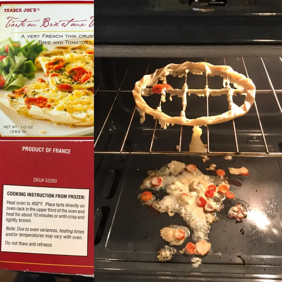 A package of Trader Joe’s tart sits beside an oven, where the tart’s toppings have melted through the rack, leaving a messy, failed attempt at baking with cheese and toppings spilled below.