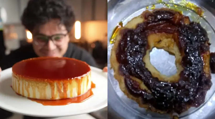 Left: A person holds a smooth, glossy caramel flan. Right: A burnt, misshapen flan sits on a metal plate, showing a failed baking attempt.