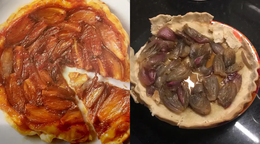Two images side by side: on the left, a baked tart with caramelized onions; on the right, an unbaked tart with uncooked onions and a crust, both placed on plates.