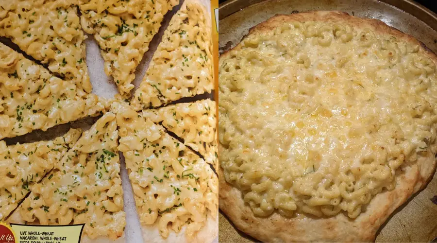 Two macaroni and cheese pizzas: the left one is neatly sliced with herbs sprinkled on top, while the right one is whole, unsliced, and appears less evenly topped. Both pizzas have a golden, cheesy appearance.