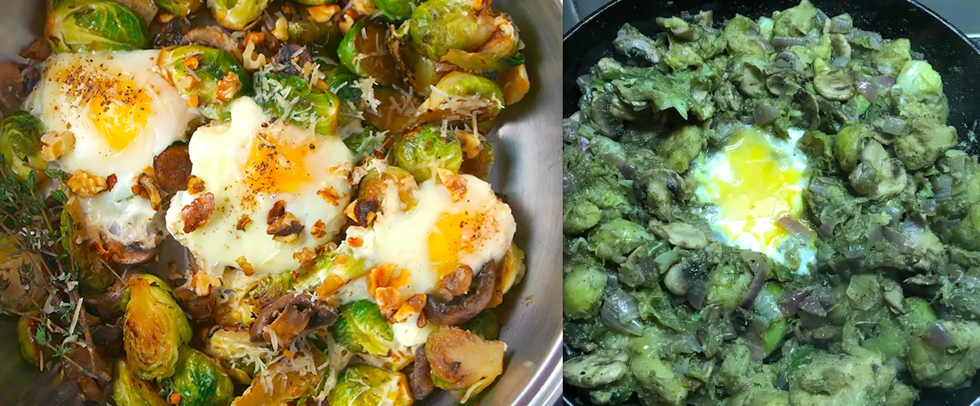 Two pans of cooked vegetables with eggs; the left dish has Brussels sprouts, mushrooms, walnuts, and grated cheese, while the right dish has a mixture of vegetables and a partially cooked egg in the center.