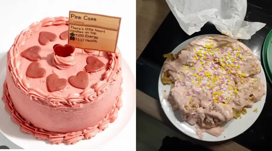 Two cakes: the left is a neatly decorated pink cake with heart shapes and a sign on top; the right is a messy pink cake with sprinkles on a white plate.