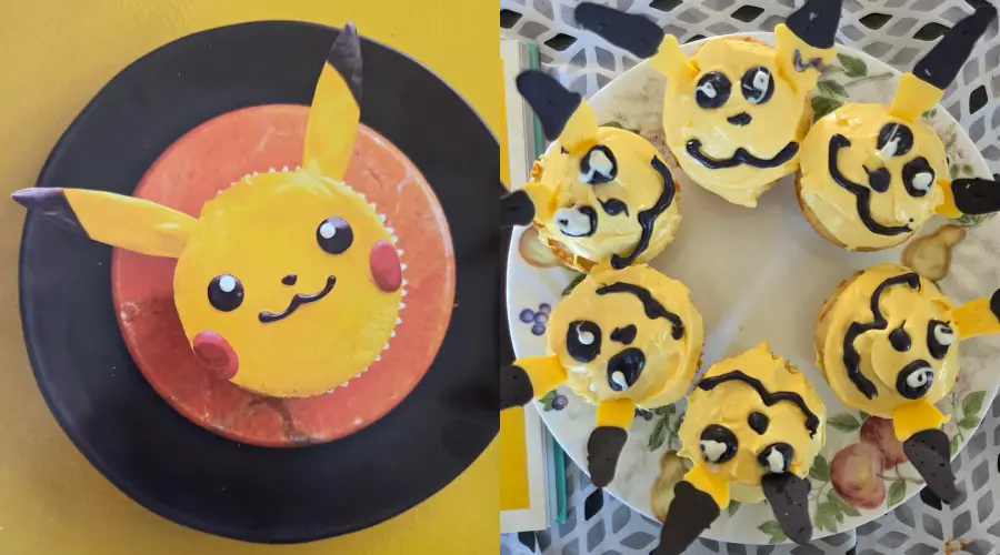 Two images: Left, a perfectly decorated Pikachu cupcake. Right, six homemade Pikachu cupcakes with uneven yellow icing, black ears, and varying facial expressions on a floral plate.