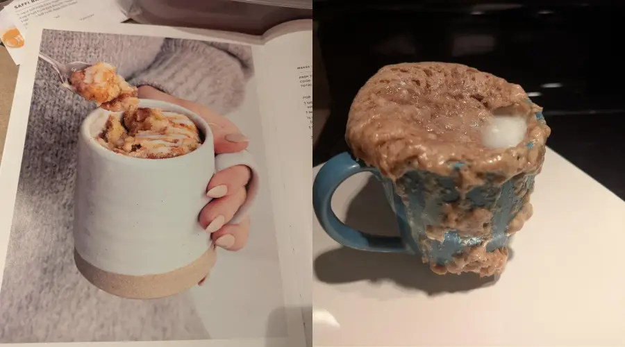 Split image: left side shows a hand holding a neat cinnamon roll mug cake, right side shows a messy mug cake overflowing from a blue mug on a plate.