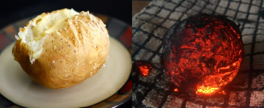 A split image shows a baked potato on a plate on the left and a glowing, burned potato with charred skin on a grill on the right.