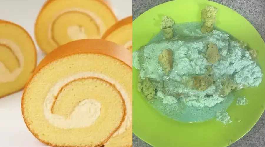 A split image showing neatly sliced sponge cake rolls with cream filling on the left, and a failed attempt with crumbled cake and messy blue cream on a green plate to the right.