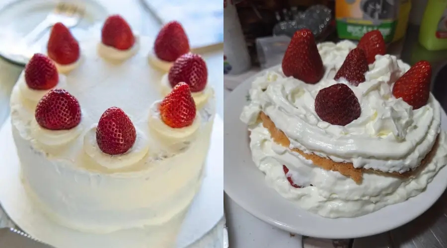 Two strawberry shortcakes: the left one is neatly frosted with five whole strawberries on top; the right one is messy, with uneven whipped cream and three strawberries. Both are on white plates.