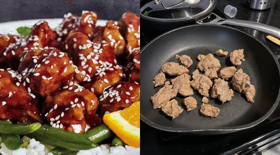 Split image: left side shows glazed sesame chicken on rice with orange, right side shows plain cooked meat chunks in a skillet on a stove.