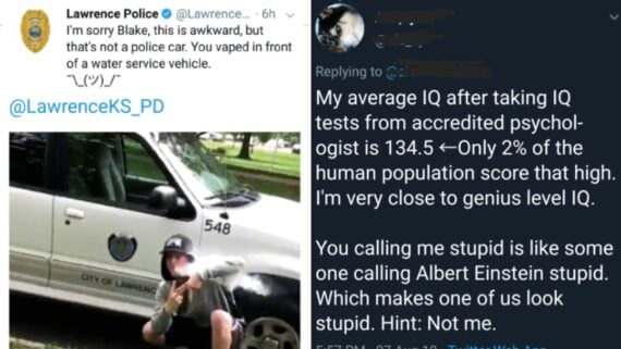 A police tweet clarifies a youth vaped in front of a water service vehicle, not a police car. The youth kneels by the vehicle. A reply boasts about a high IQ, comparing themselves to Einstein and calling others stupid.
