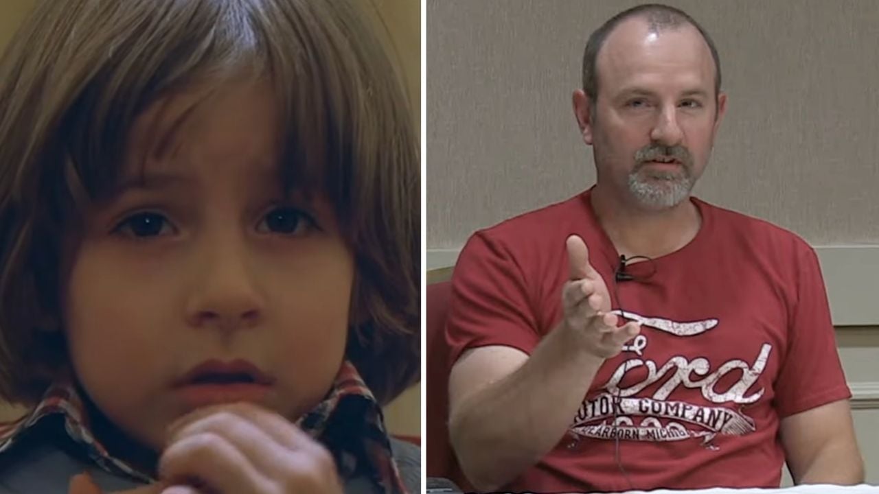 Split image: On the left, a young boy with long brown hair looks concerned. On the right, an adult man with short hair and a beard sits, gesturing with his hand, wearing a red T-shirt.