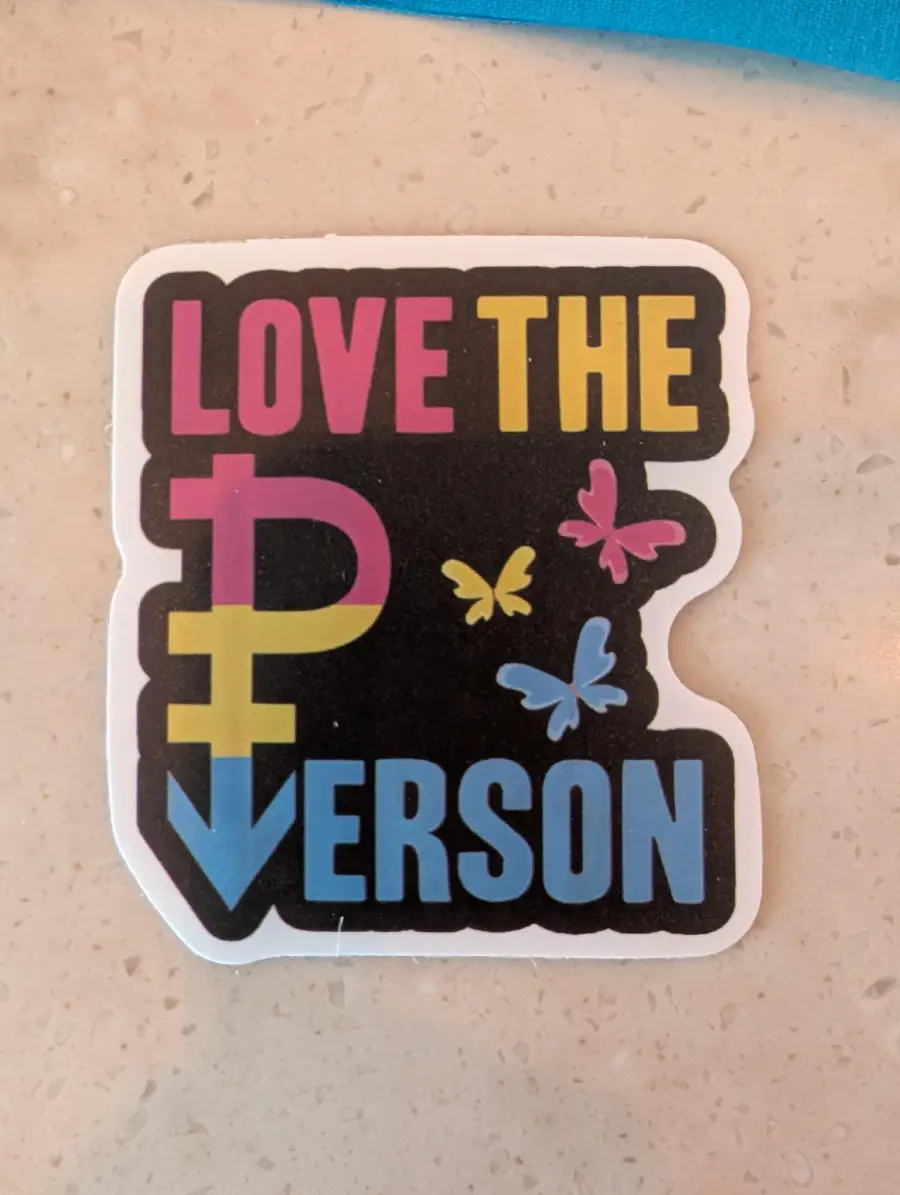 A sticker reads “LOVE THE PERSON” with a pansexual pride symbol and colorful butterflies on a speckled surface.