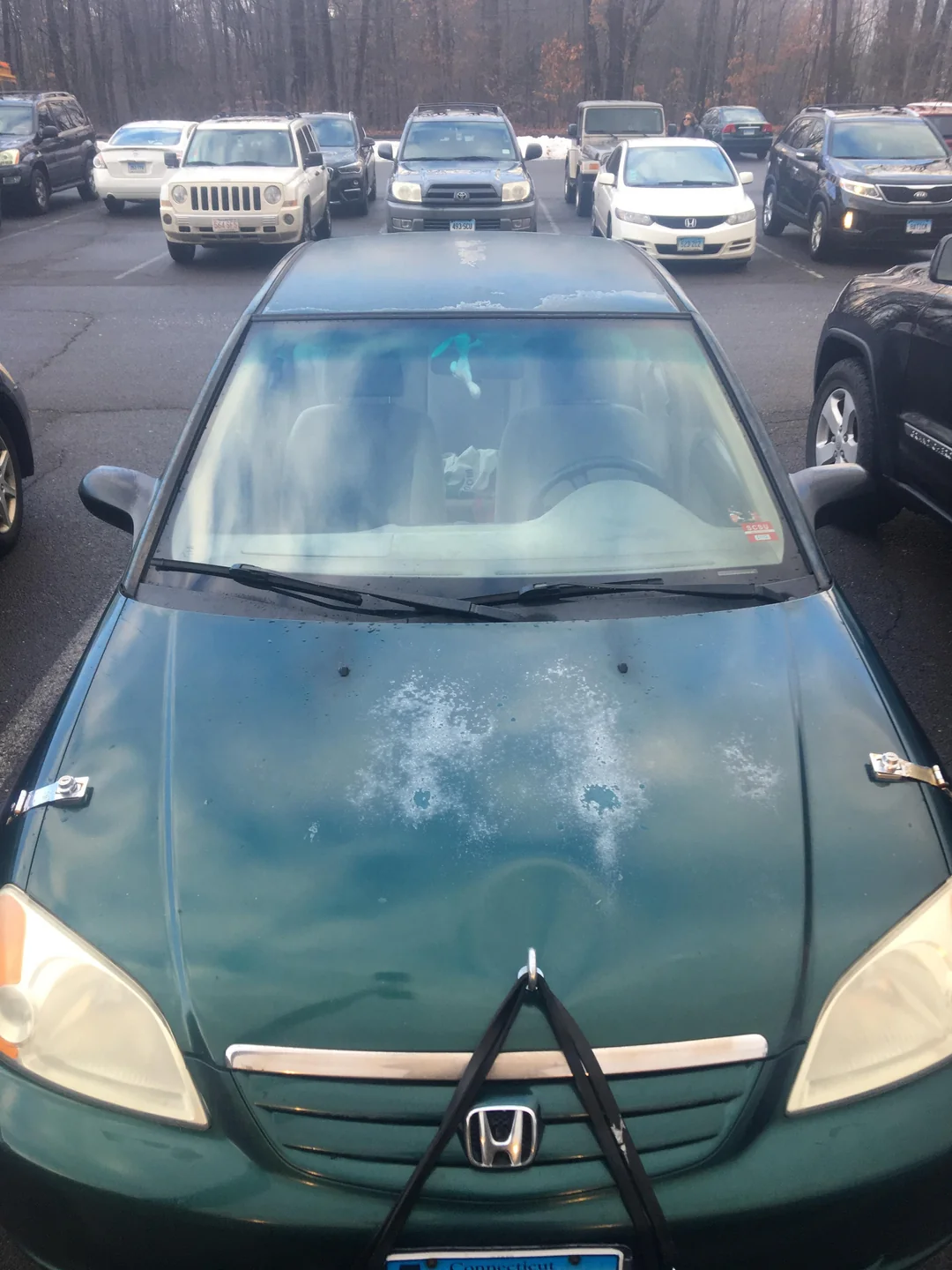 A green Honda with faded paint on the hood is parked in a lot. The hood is secured with a black bungee cord. Other cars and trees are visible in the background.