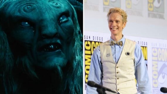 Split image: Left shows a blue creature with horns and sharp teeth. Right shows a smiling man in a vest and bow tie standing at a Comic-Con panel with logos in the background.