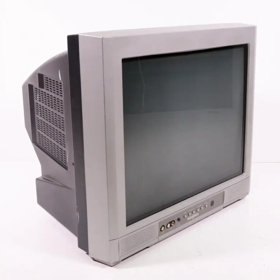 A gray, boxy CRT television is shown angled to the left. The TV has a thick frame, large rear casing, front control buttons, and a blank dark screen.