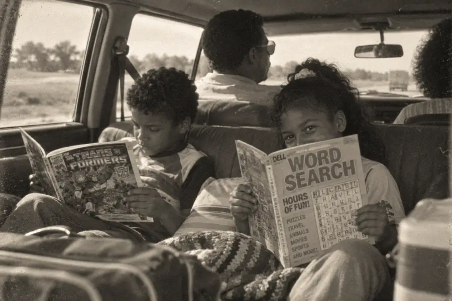 Two children sit in the backseat of a car. One reads a Word Search puzzle book and smiles, while the other reads a Transformers comic. Two adults are in the front. Luggage and a cooler are visible in the foreground.