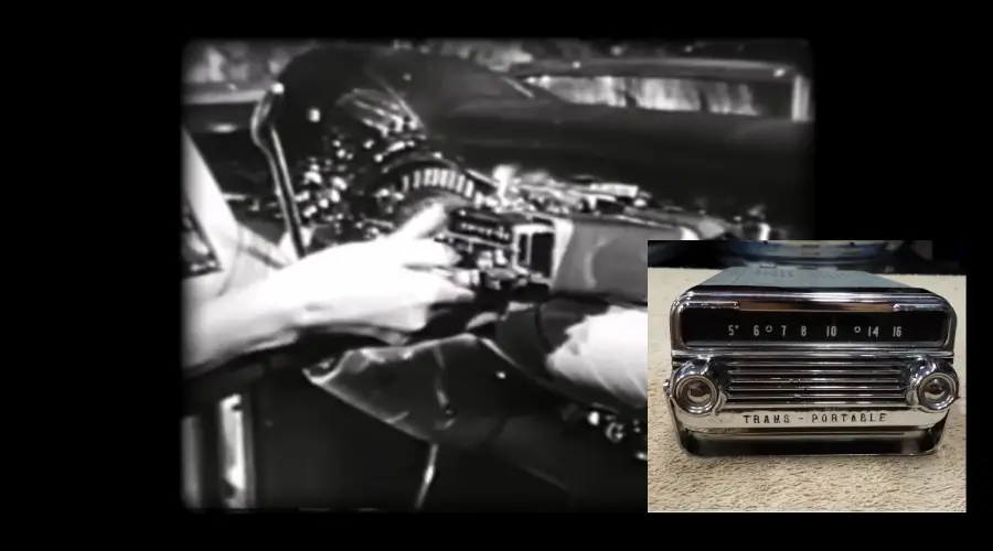 A black-and-white photo shows hands operating a vintage car radio. An inset color image displays a close-up of a chrome “TRANS-PORTABLE” radio with buttons and a frequency display.