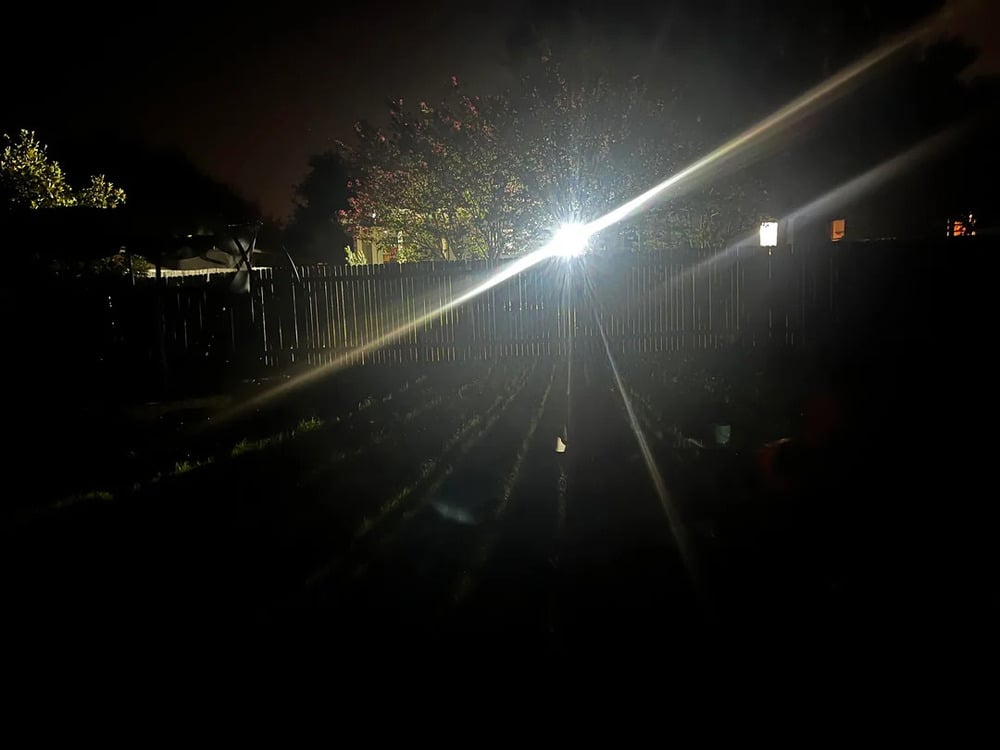 A bright light shines through a wooden fence at night, creating starburst patterns and illuminating nearby trees and plants.