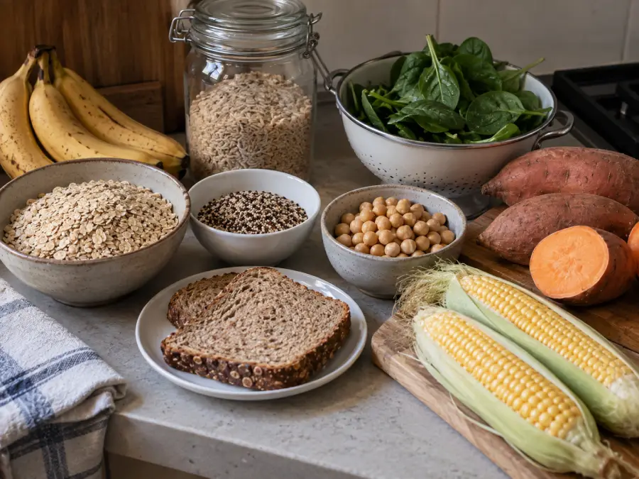 Assorted healthy foods including bananas, oats, quinoa, chickpeas, sweet potatoes, spinach, whole grain bread, and corn on the cob are arranged on a kitchen counter.