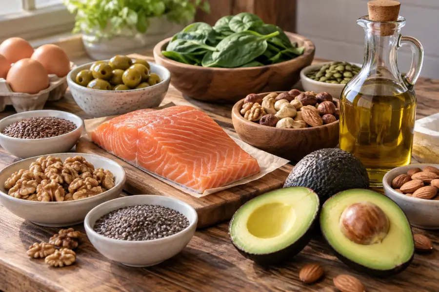 A wooden table with salmon, avocado, eggs, nuts, seeds, olives, spinach, and a bottle of olive oil, all arranged in bowls and plates, showing a variety of healthy foods.