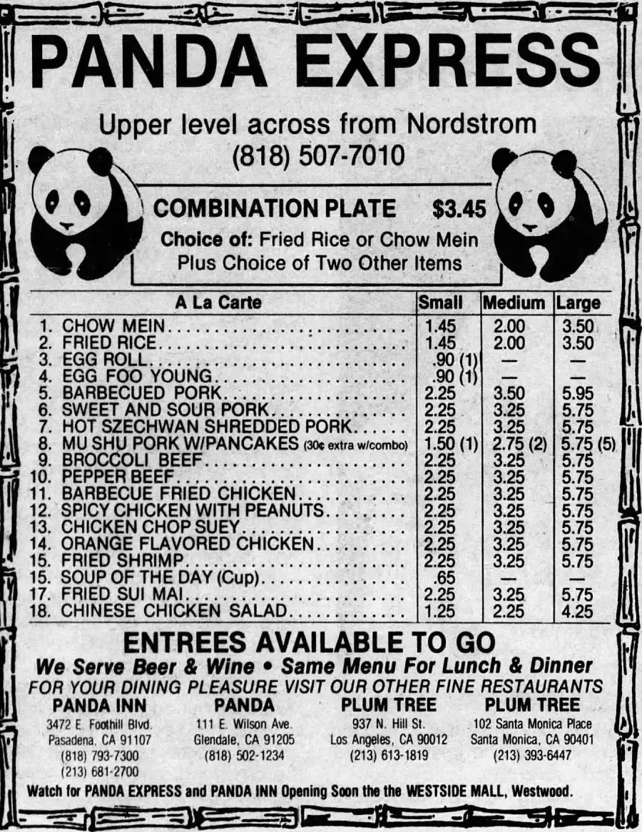 Panda Express menu featuring combination plates and à la carte items like chow mein, fried rice, BBQ pork, and chicken. Prices listed in small, medium, and large portions. Two panda illustrations flank the restaurant name.