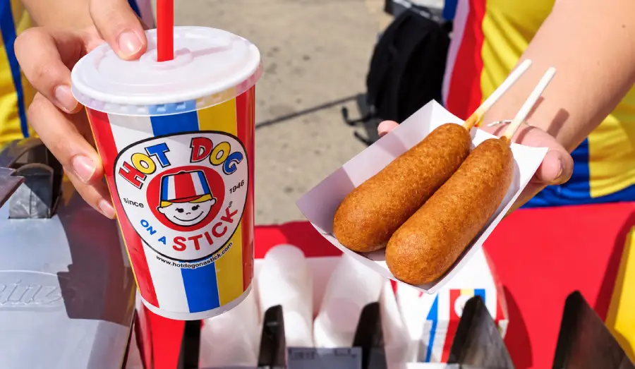 A person holds a striped cup labeled “Hot Dog on a Stick” and a tray with two corn dogs on sticks, with a bright, colorful background.