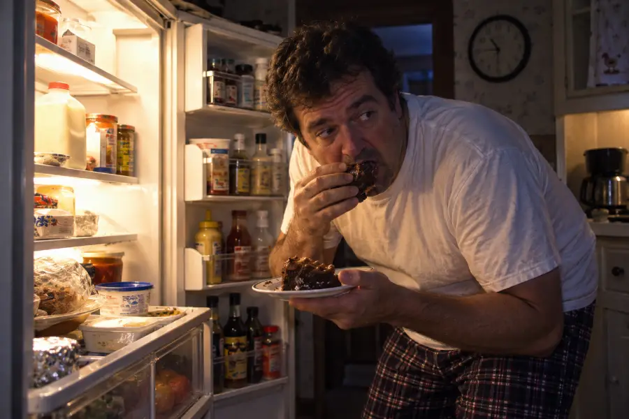 A man in pajamas stands by an open fridge at night, eating cake with his hands from a plate, illuminated by the fridge light.