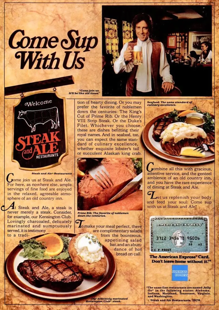 A man in period attire holds a beer mug in a cozy restaurant. Plates of steak, salad, and seafood are displayed, promoting Steak and Ale Restaurants. An American Express card is shown at the bottom.
