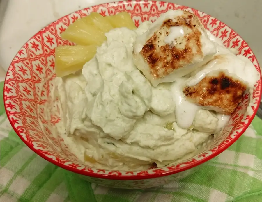 A patterned bowl holds a creamy whipped mixture with pineapple pieces and toasted marshmallows on top, set on a green and white checkered cloth.