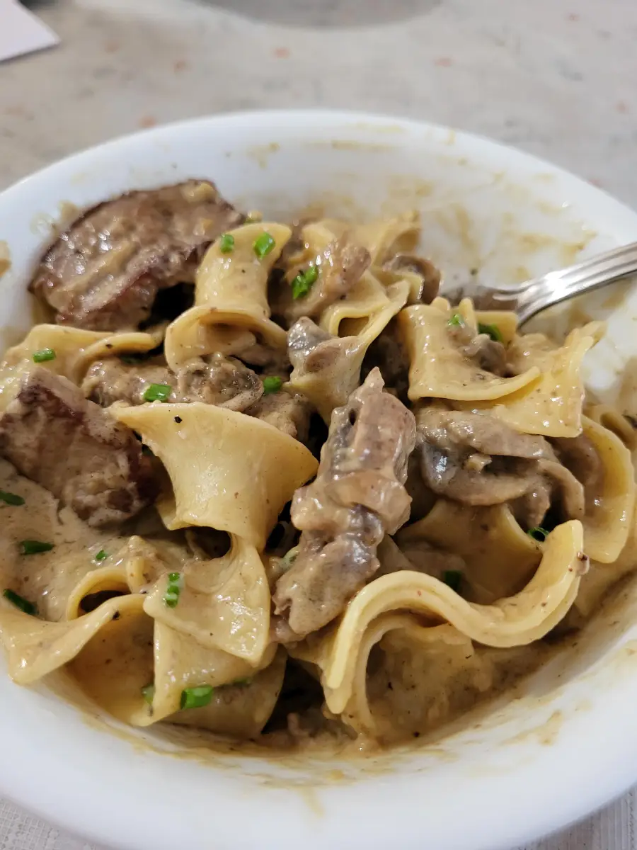 A white bowl filled with creamy pasta, wide egg noodles, tender beef strips, mushrooms, and chopped green herbs, with a fork resting inside.