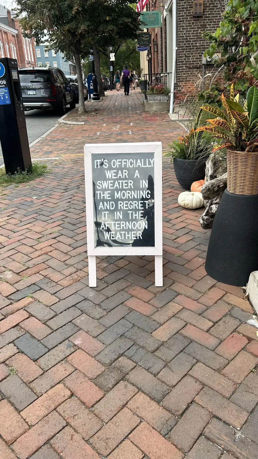 A sidewalk chalkboard sign reads: “It’s officially wear a sweater in the morning and regret it in the afternoon weather.” The sign is on a brick path with plants and pumpkins nearby.
