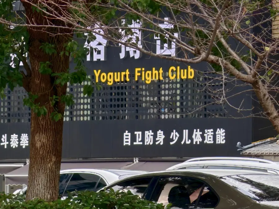 A black sign reads “Yogurt Fight Club” in yellow and white letters above parked cars, with trees partially blocking the view.