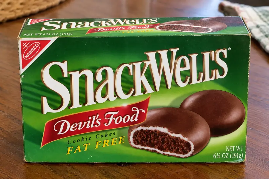 A green box of SnackWell’s Devil’s Food fat free cookie cakes, showing an image of two chocolate-covered cookies, one cut open to reveal a chocolate cake interior.
