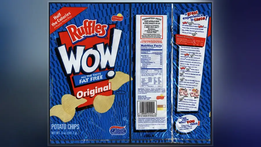 A blue bag of Ruffles WOW original fat-free potato chips, showing “Half the Calories” and nutrition facts. The bag features images of chips and promotional text highlighting flavor and reduced fat content.