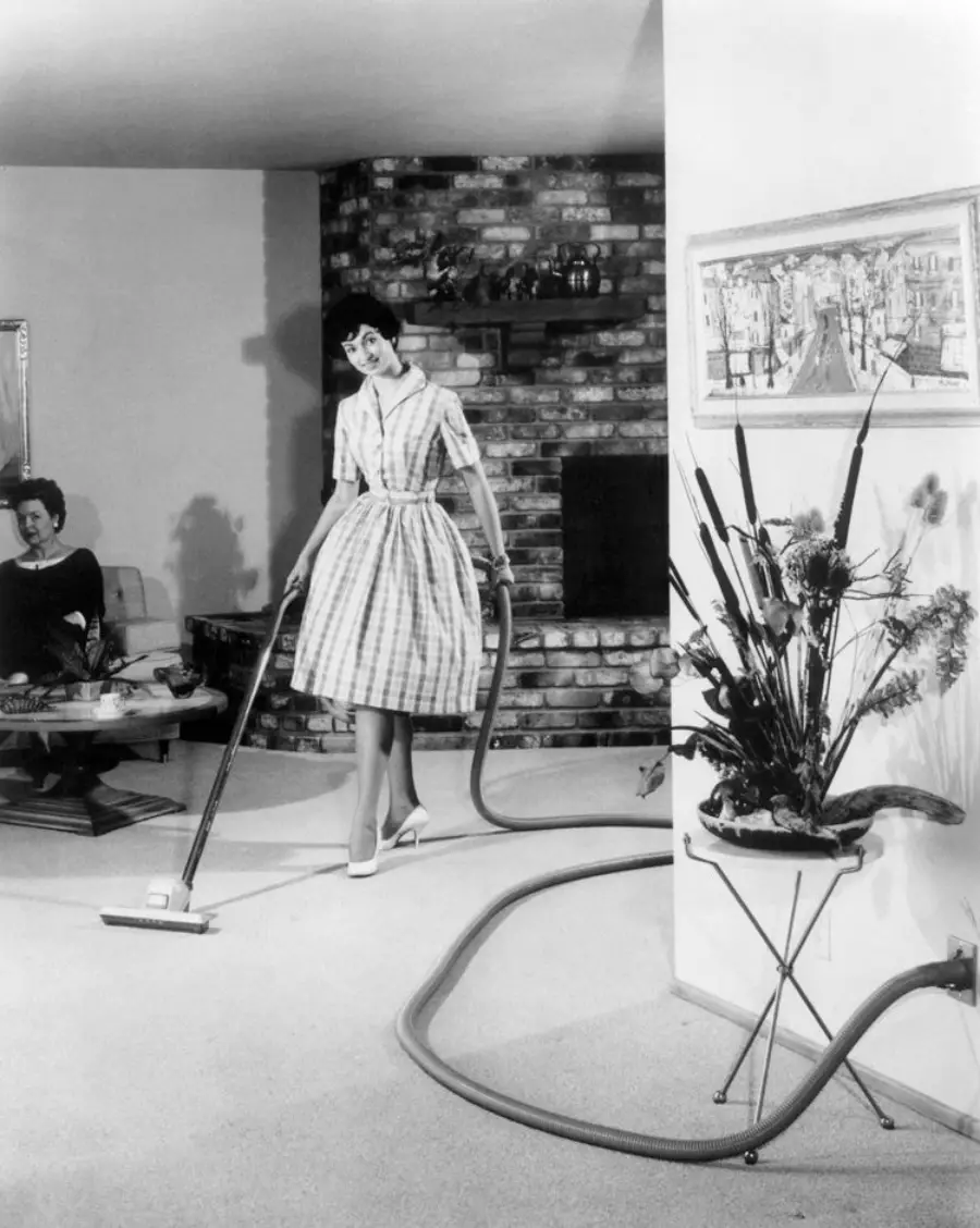 A woman in a plaid dress vacuums a carpeted living room while another woman sits on a couch. The room has a brick fireplace, artwork, and a vase with tall flowers.