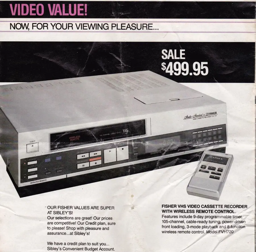 Vintage advertisement for a Fisher VHS video cassette recorder with wireless remote control, priced at $499.95. The ad features an image of the recorder and remote, along with product details and promotional text.