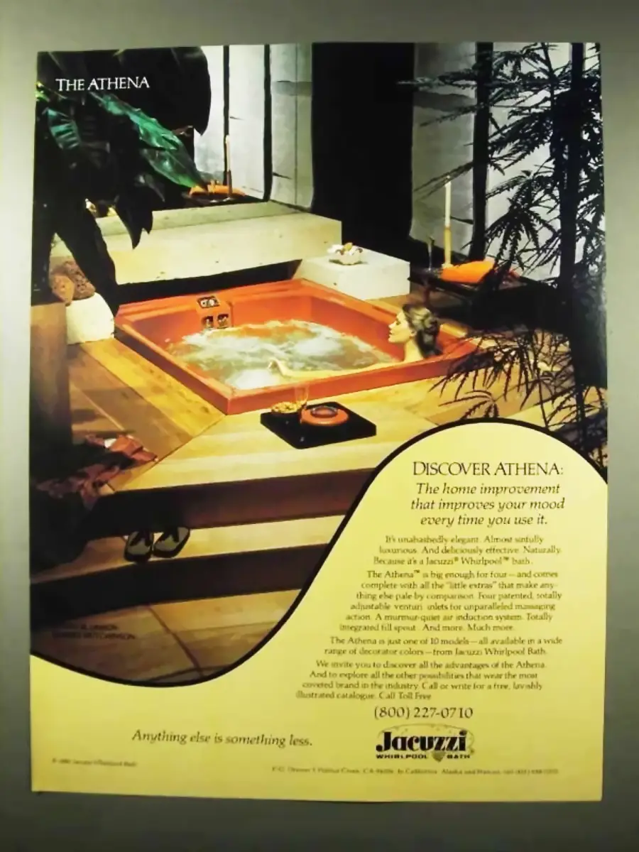 A woman relaxes in a large orange Jacuzzi tub in a sunlit, plant-filled bathroom with modern decor. Text beside her advertises the benefits of the Athena whirlpool bath.