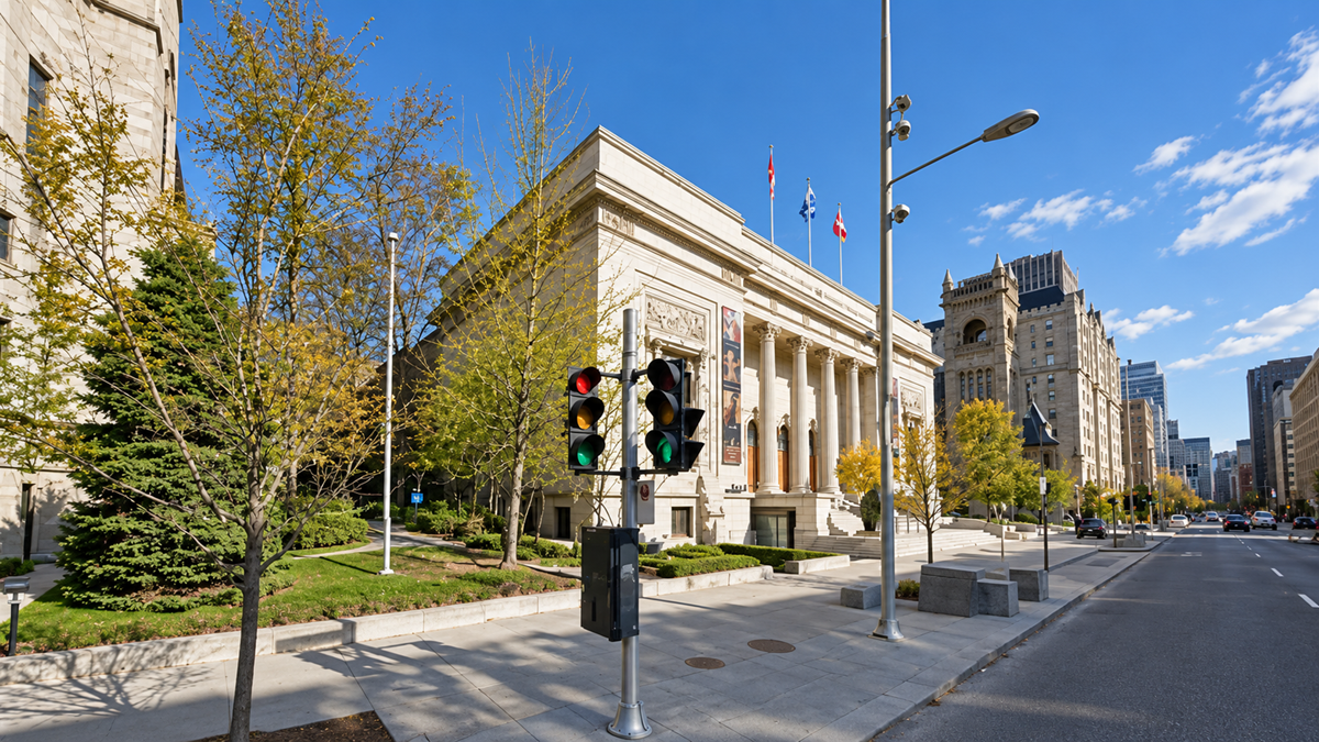 A historic stone building with columns stands on a city street lined with trees and modern lampposts. A traffic light shows red and green signals. Flags fly above the building under a clear blue sky.