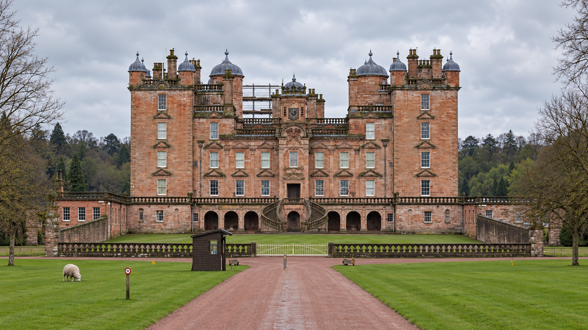 A large, historic castle with many towers and chimneys sits behind a wrought-iron gate, surrounded by green lawns. A sheep grazes on the left, and a gravel path leads up to the entrance.