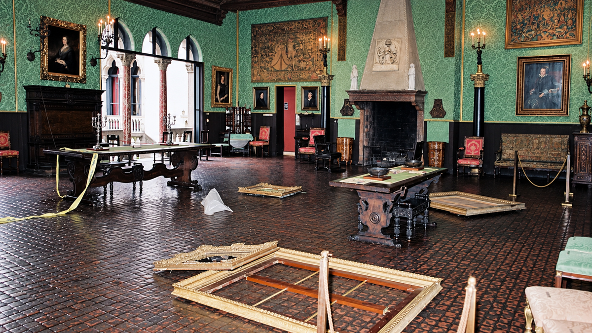 A grand, ornate room with antique furniture and artwork. Several empty picture frames lie on the floor, suggesting artwork has been stolen. The room appears disturbed, with yellow caution tape visible.