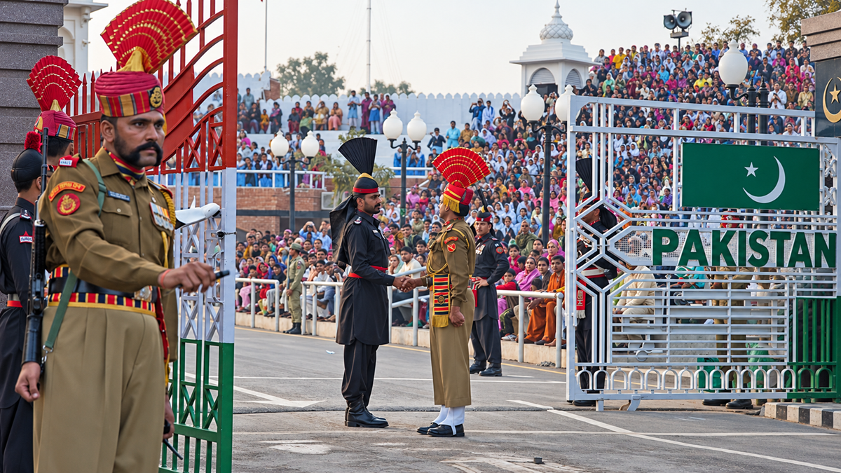 Two uniformed soldiers shake hands at the India-Pakistan border gate during a ceremony, with large crowds watching from stands behind the gates marked “PAKISTAN.” Another soldier stands guard in the foreground.