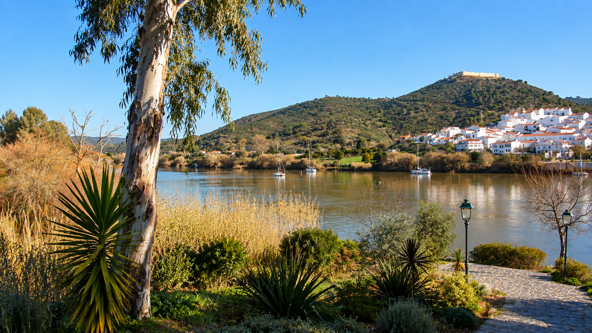 A calm river flows between green hills, with a tree and lush plants in the foreground. White houses cluster on a hillside under a blue sky, and a stone path runs alongside street lamps by the water.