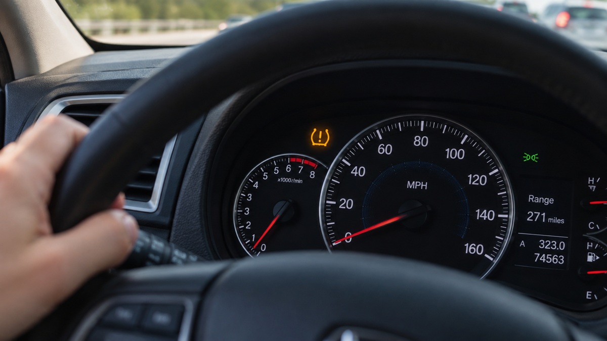 A driver’s hand on a steering wheel with a view of a car dashboard; the tire pressure warning light is illuminated on the instrument panel.