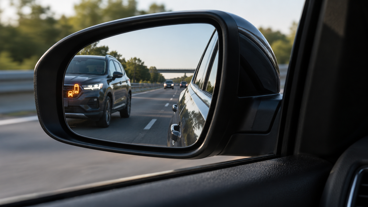 A car’s side mirror shows another vehicle approaching with a blind spot warning light illuminated. Trees and a road barrier are visible in the background.