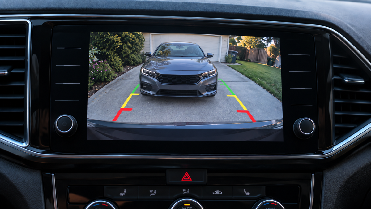 Car dashboard display shows a rearview camera image with colored guide lines, capturing another car parked behind in a residential driveway.