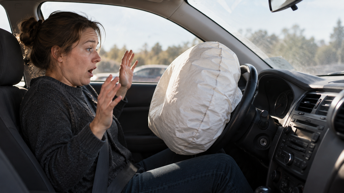 A woman in a car looks shocked with her hands raised as the driver’s airbag deploys, indicating a recent impact. Sunlight comes through the windows, revealing trees outside.