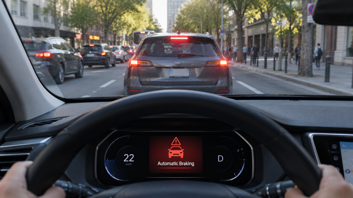 View from behind the wheel of a car in city traffic, dashboard showing 22 km/h speed and a warning alert for automatic braking as vehicles ahead slow down. Trees, buildings, and people are visible along the street.